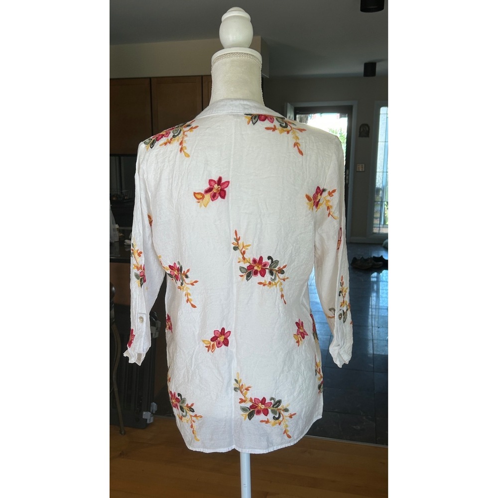 Floral Embroidered Bold Cottagecore Boho Shell Buttons M Mandarin Collar Top - Picture 5 of 12